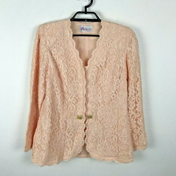 Raymonds Jackets & Blazers - Vintage 1980s Peach Light Orange Lace Blazer Size M L Rhinestone Accent Buttons